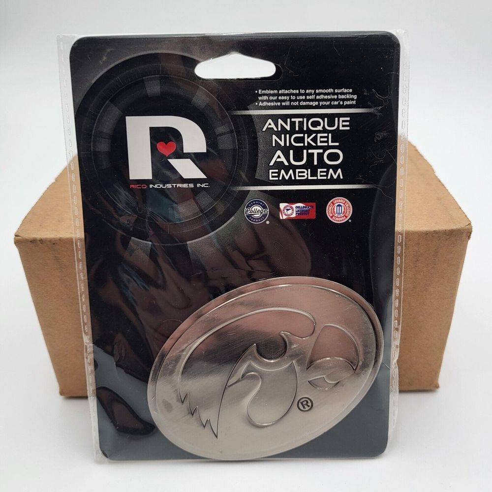 Iowa Hawkeyes Rico Industries Antique Nickle Auto Emblem‎ Adhesive Backing